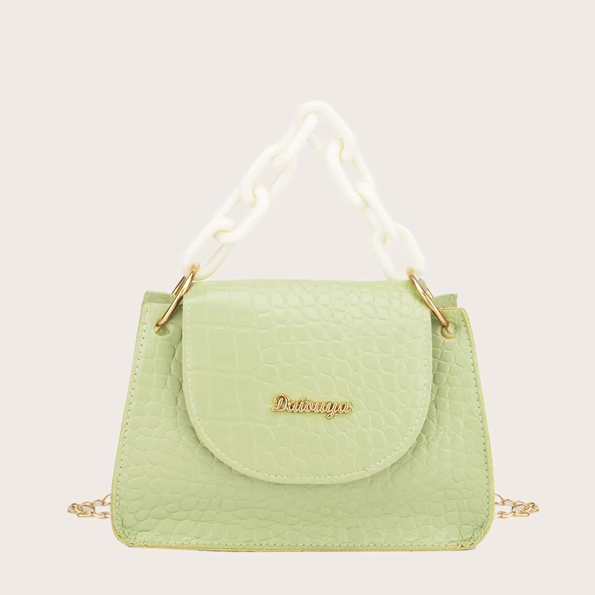 

Metal Letter Decor Croc Embossed Satchel Bag, Green