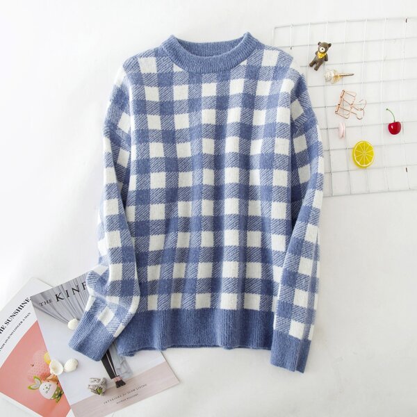 

Drop Shoulder Gingham Sweater, Blue and white