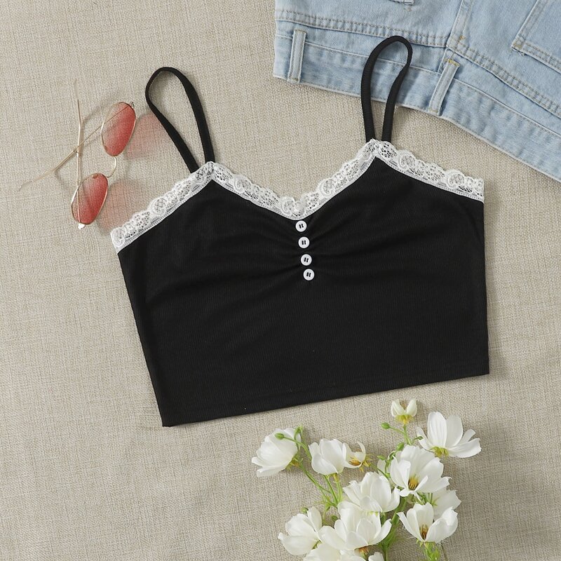 

Lace Trim Button Ruched Crop Cami, Black