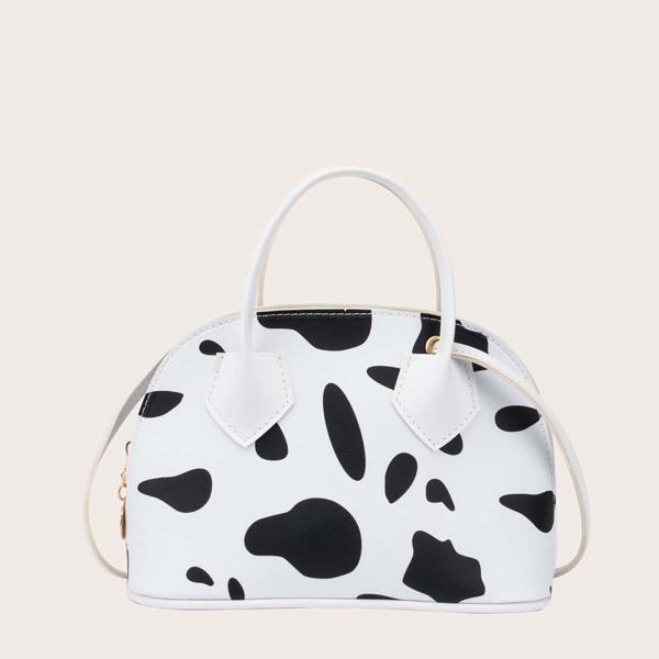 

Cow Print Satchel Bag, White