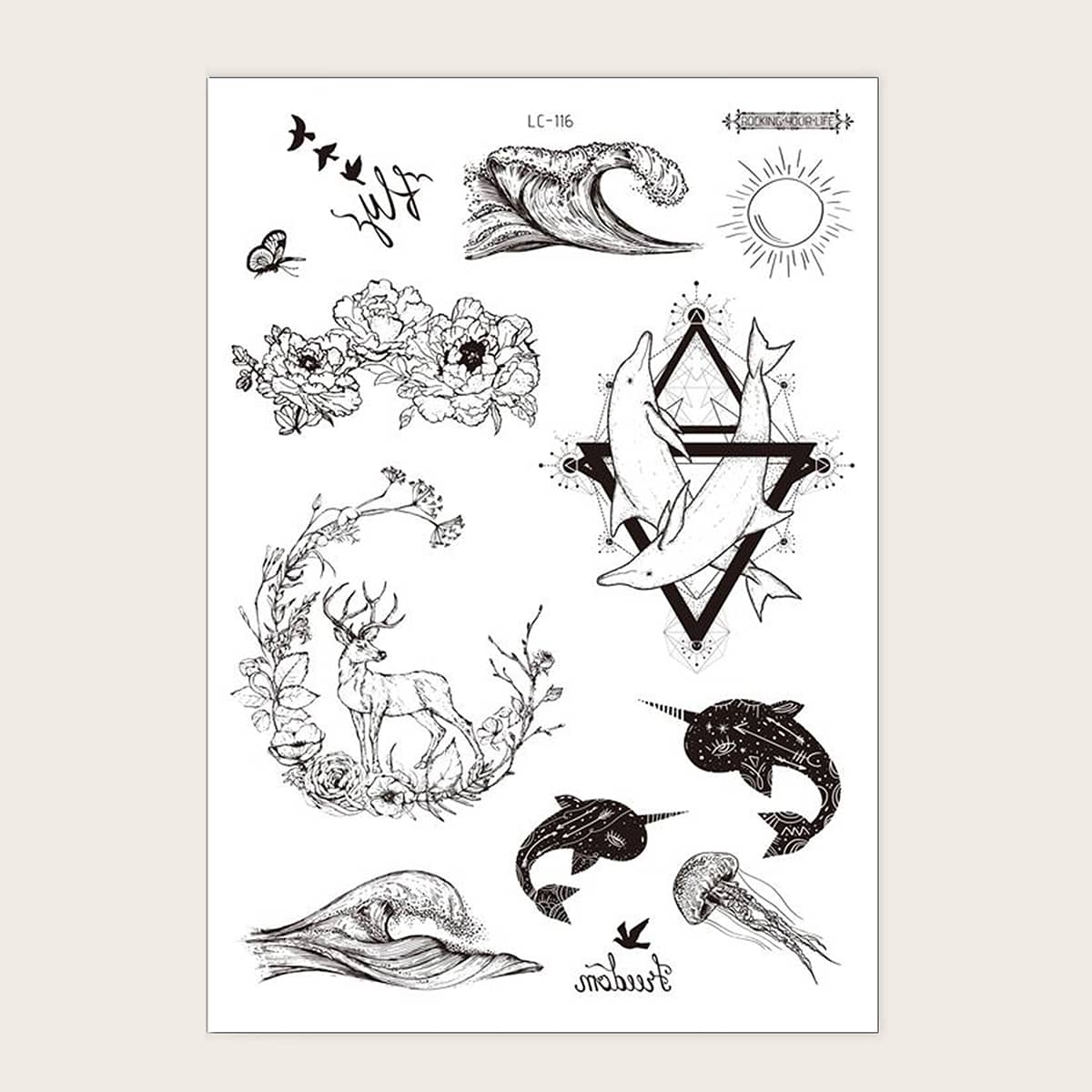 

1sheet Animal & Flower Print Tattoo Sticker, Black