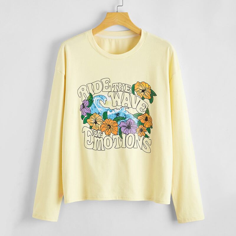 

Floral & Letter Graphic Tee, Yellow pastel