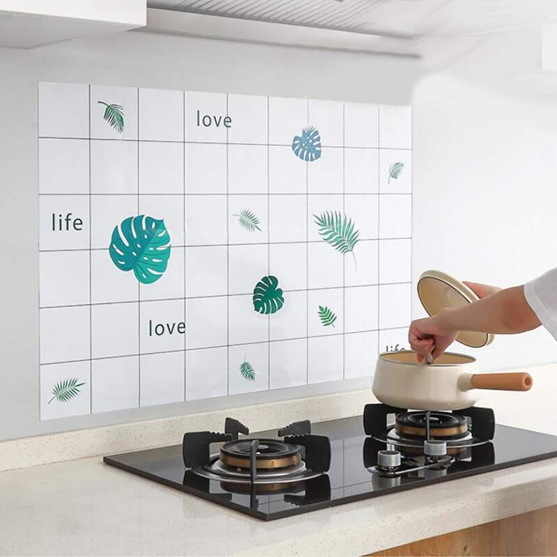 

1pc Leaf Print Oil-proof Wall Sticker, Multicolor