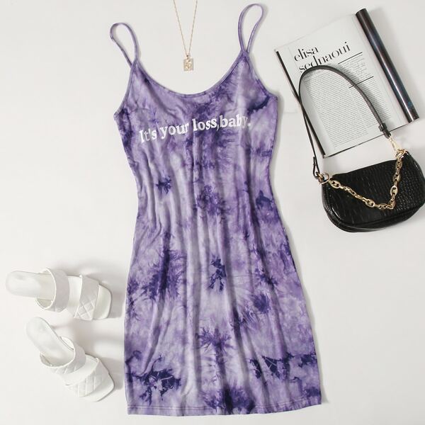 

Plus Slogan Graphic Tie Dye Bodycon Dress, Violet purple