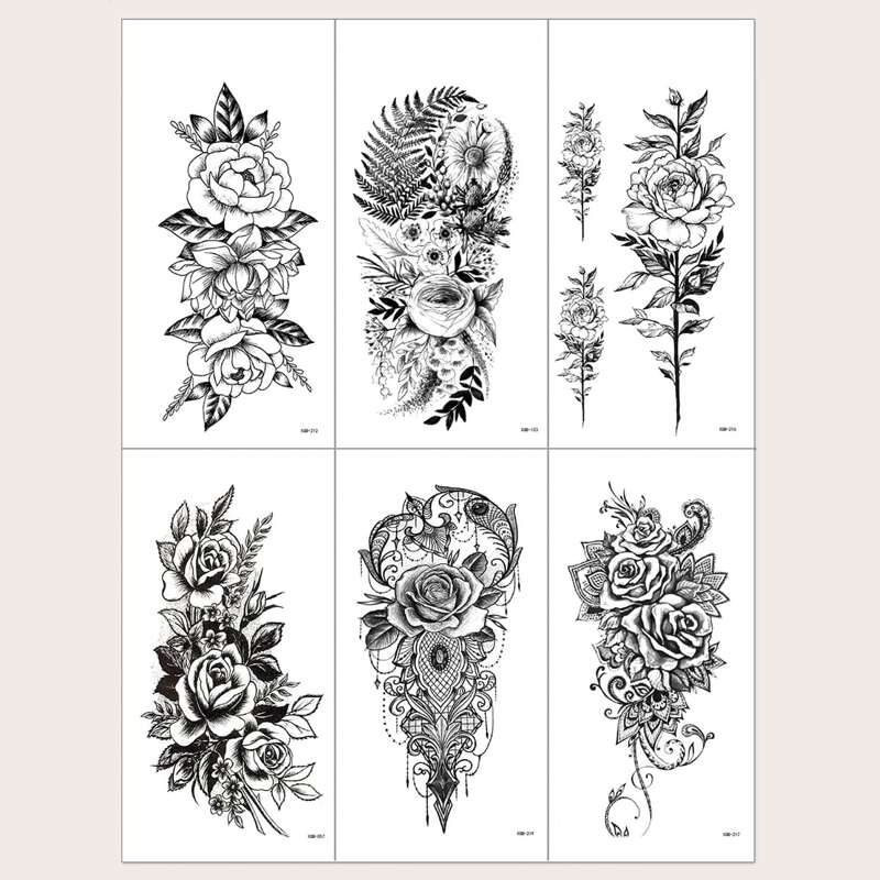 

6pcs Floral Pattern Tattoo Sticker, Black