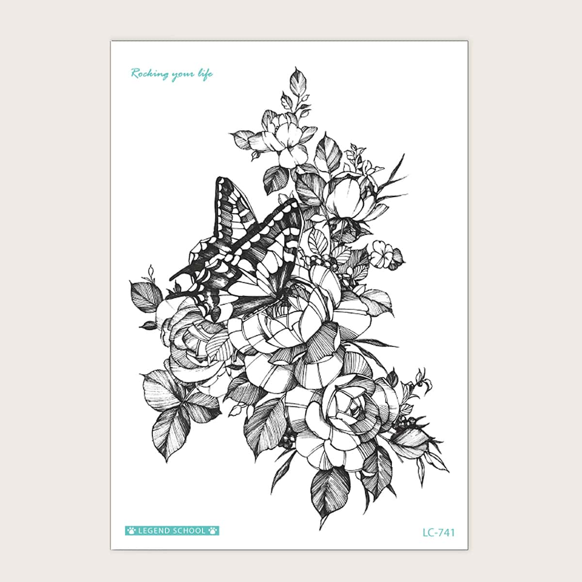 

Butterfly & Floral Pattern Tattoo Sticker, Black