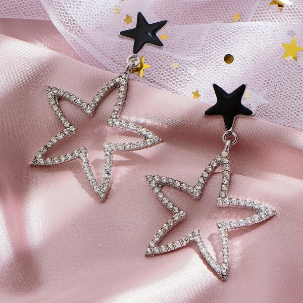 

Rhinestone Decor Star Charm Drop Earrings, Silver