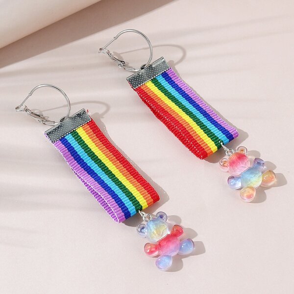 

Bear Charm Rainbow Striped Drop Earrings, Multicolor