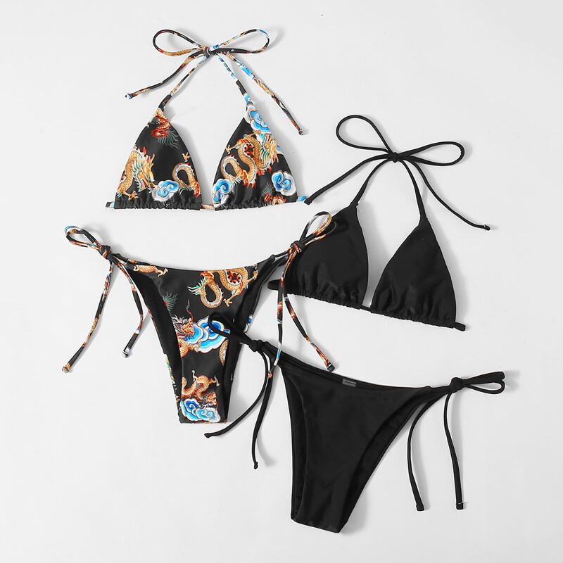 

4pack Chinese Dragon Micro Triangle Bikini Swimsuit, Black