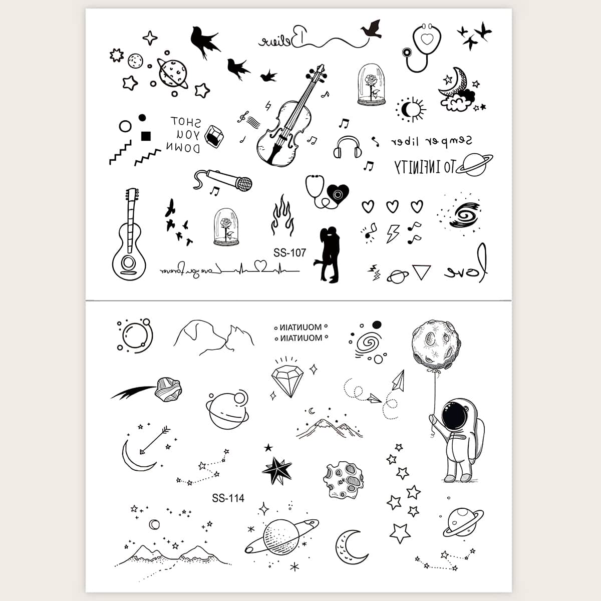 

Heart & Bird Pattern Short-term Tattoo Sticker, Black