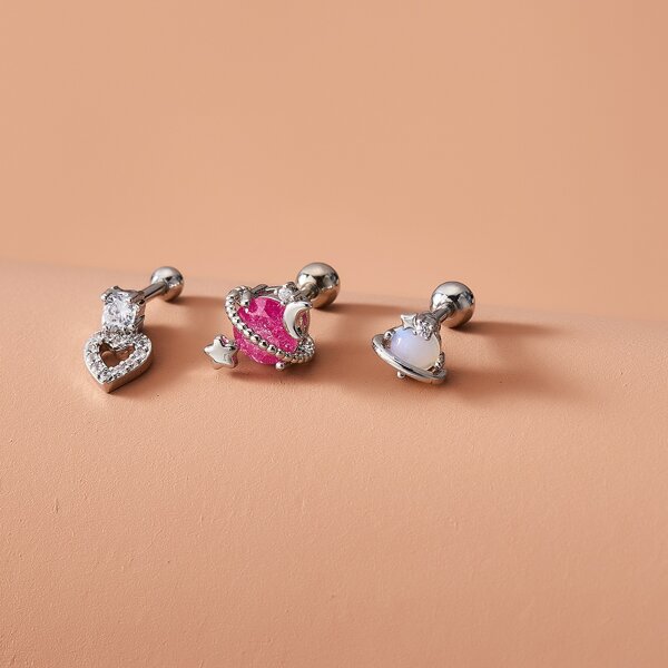 

3pcs Star & Heart Decor Double Stud Earrings, Multicolor
