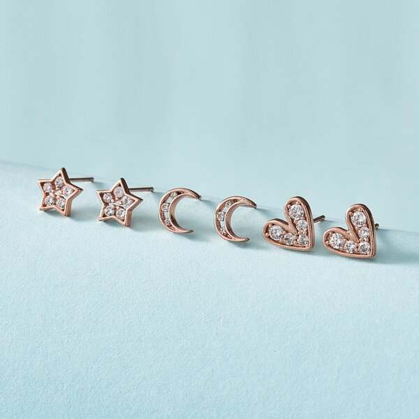 

3pairs Rhinestone Heart & Star Decor Stud Earrings, Rose gold