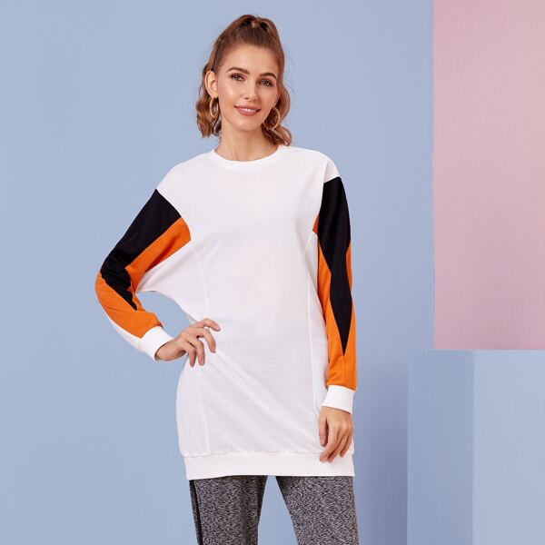 

Color-block Batwing Sleeve Longline Sweatshirt, White