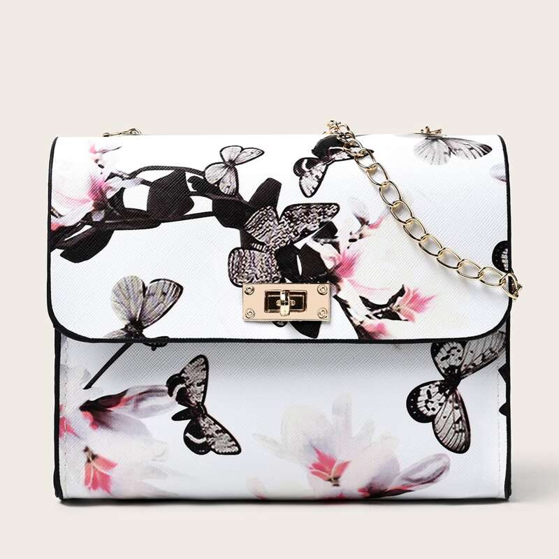 

Floral Pattern Chain Crossbody Bag, White