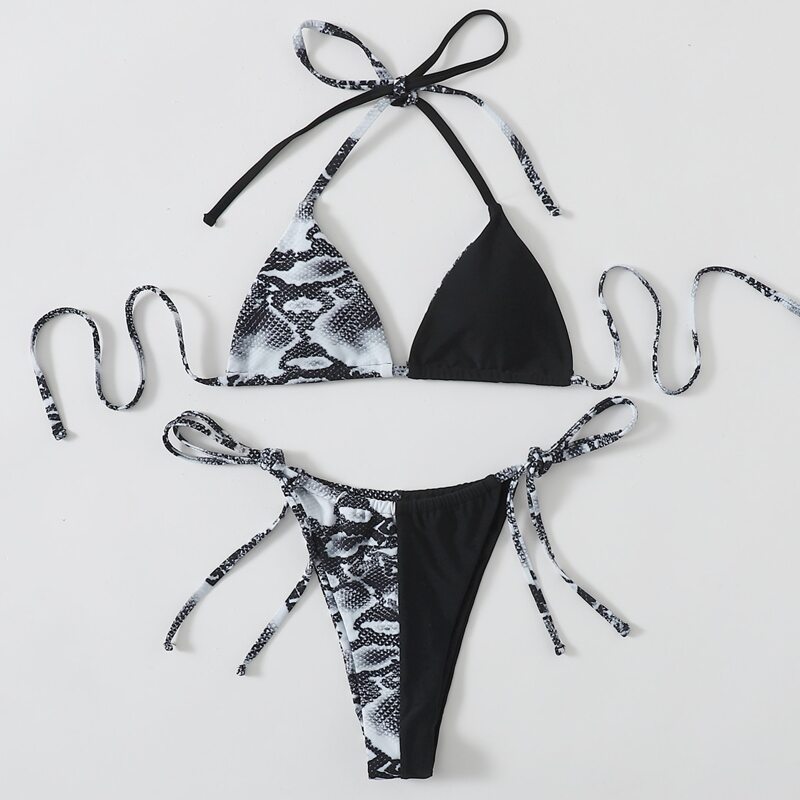 

Snakeskin Triangle Tie Side Bikini Swimsuit, Black