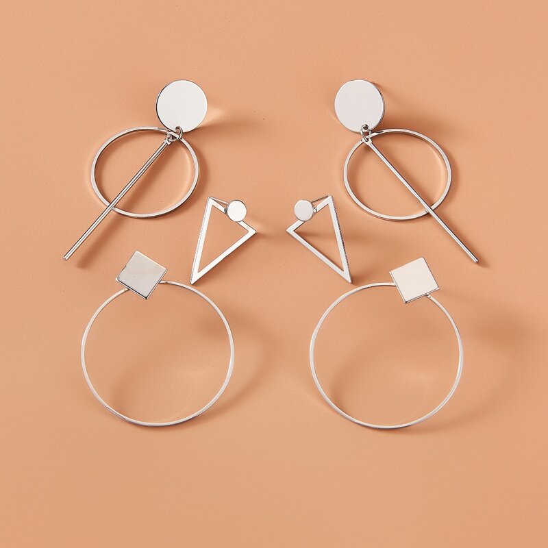 

3pairs Geometric Design Earrings, Silver
