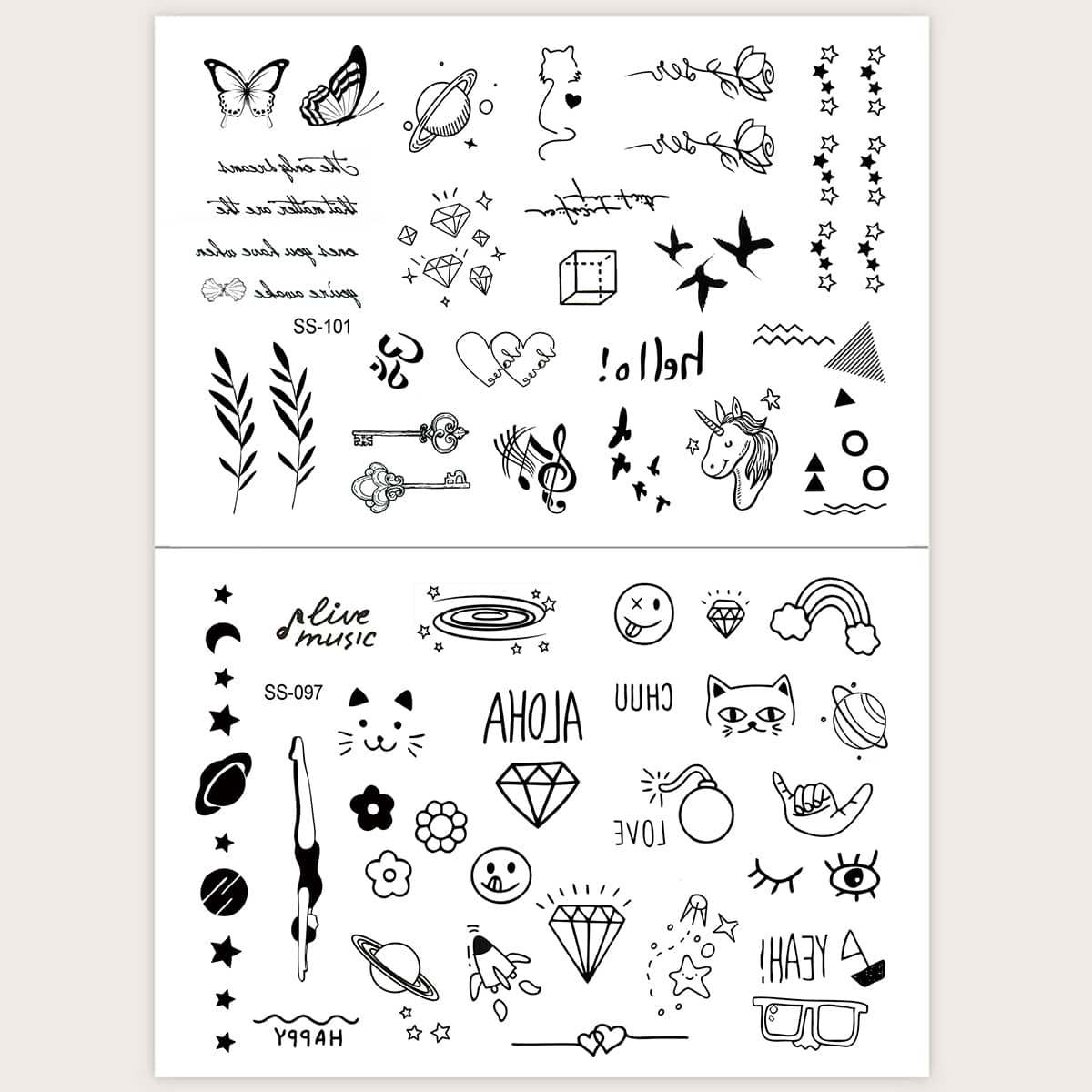 

2sheets Butterfly & Bird Pattern Tattoo Sticker, Black
