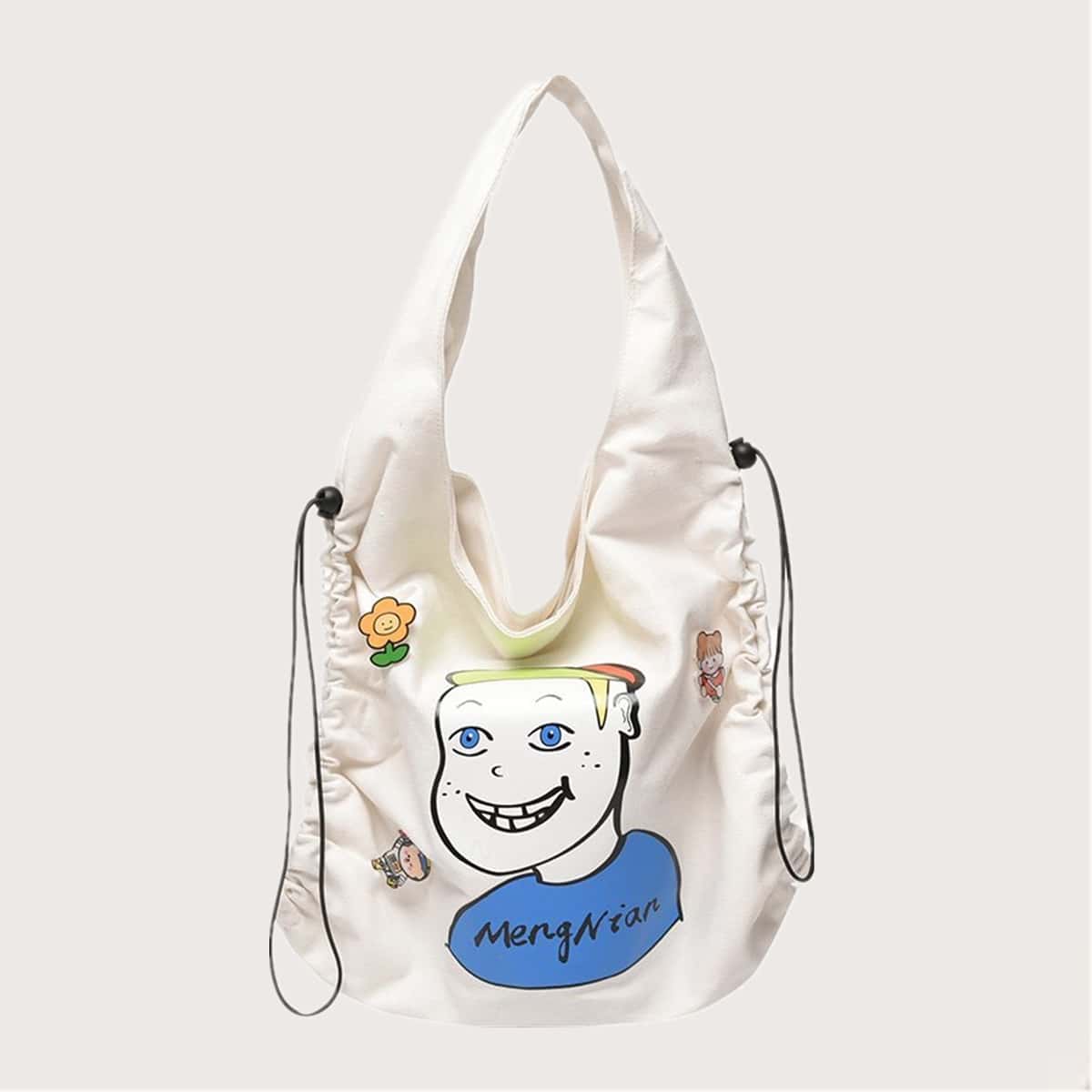 

Cartoon Drawstring Tote Bag, White