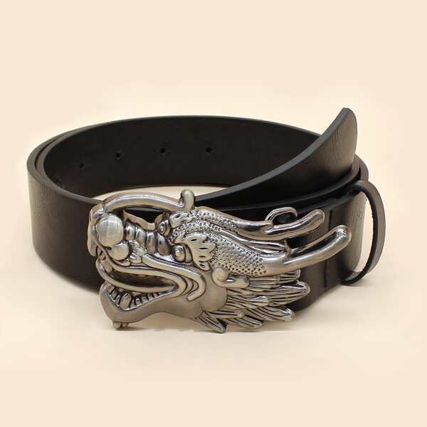 

Men Chinese Dragon Design Buckle Belt, Black