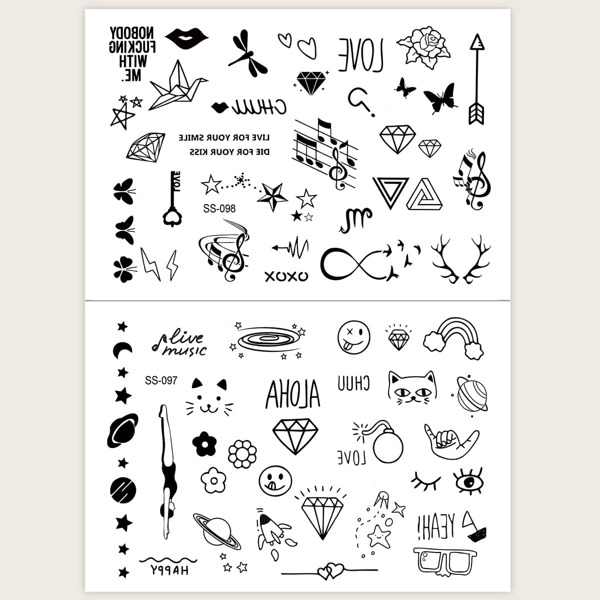 

2sheet Diamond & Music Note Pattern Tattoo Sticker, Black