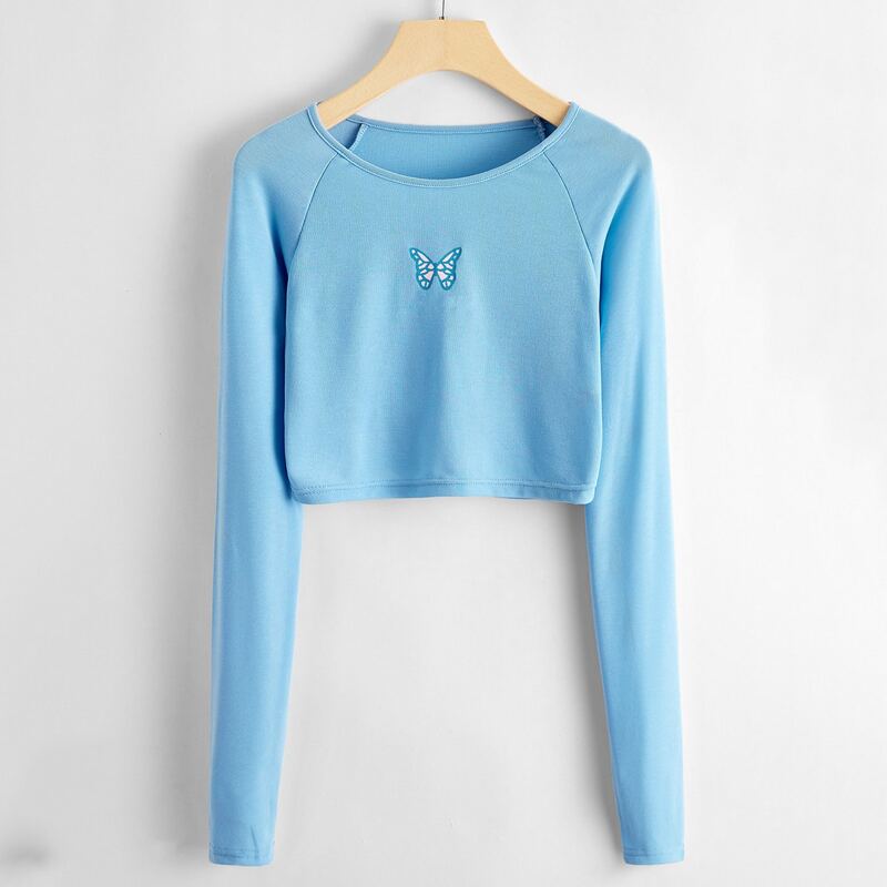 

Butterfly Print Crop Top, Baby blue