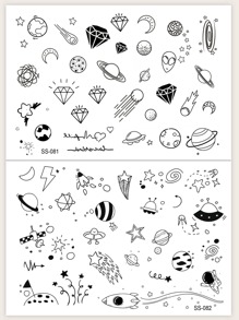 Etiqueta engomada del tatuaje, 2 hojas tatuaje temporal con patrón mixto para mujer, Pegatinas de tatuaje para adultos, planeta realista, para mujeres y niñas - Negro - Ver 2