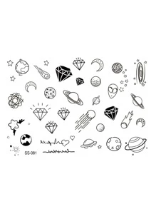 Etiqueta engomada del tatuaje, 2 hojas tatuaje temporal con patrón mixto para mujer, Pegatinas de tatuaje para adultos, planeta realista, para mujeres y niñas - Negro - Ver 6