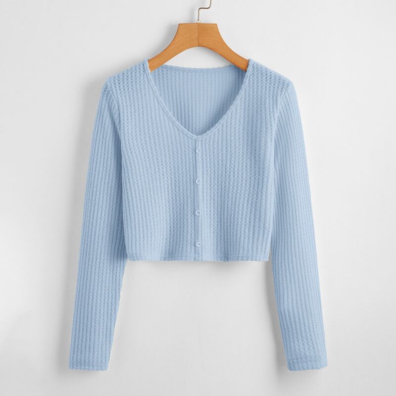 

Button Front Waffle Knit Sweater, Baby blue