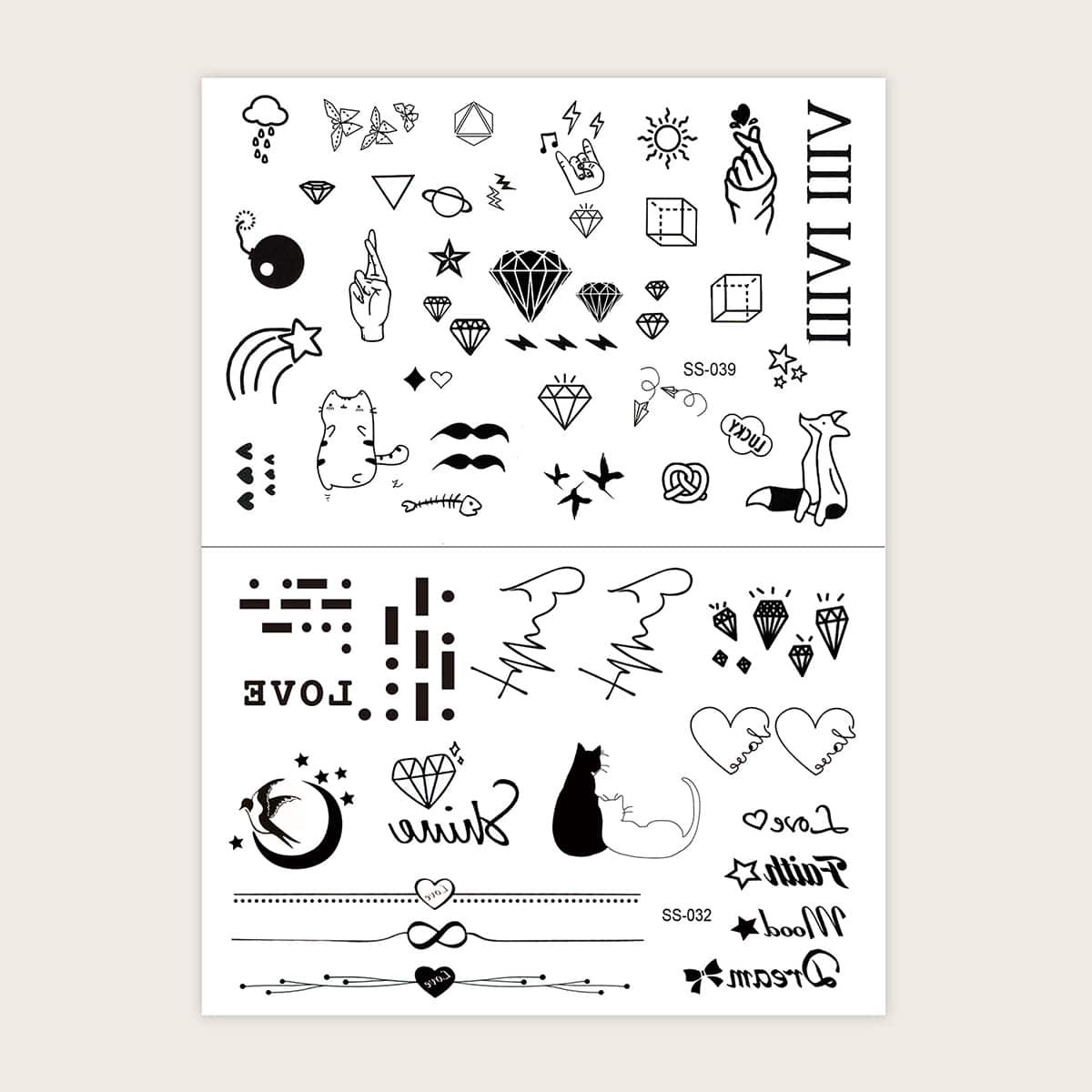 

Mix Pattern Tattoo Sticker 2sheets, Black
