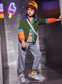 SHEIN Cazadora con capucha de color combinado con cremallera - Verde militar - Ver 1