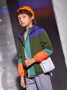 SHEIN Cazadora con capucha de color combinado con cremallera - Verde militar - Ver 3