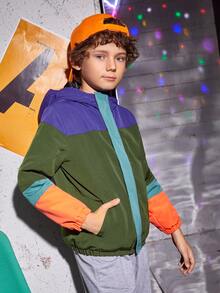 SHEIN Cazadora con capucha de color combinado con cremallera - Verde militar - Ver 4