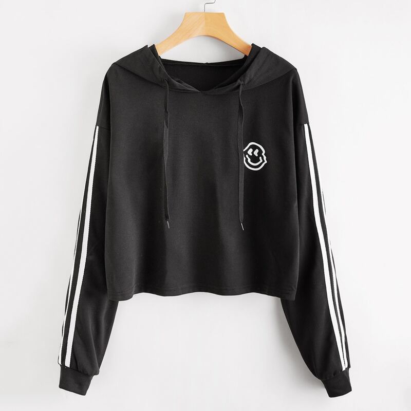 

Striped Side Smile Graphic Crop Hoodie, Black