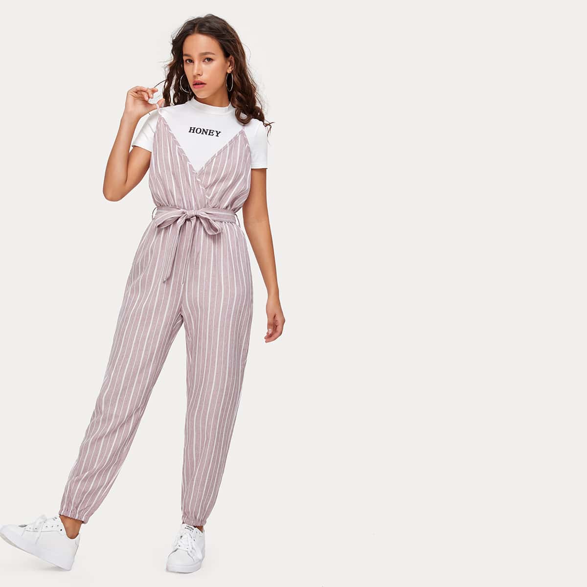

Striped Belted Surpliced Jumpsuit, Baby pink