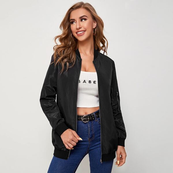

Zipper Fly Windbreaker Bomber Jacket, Black