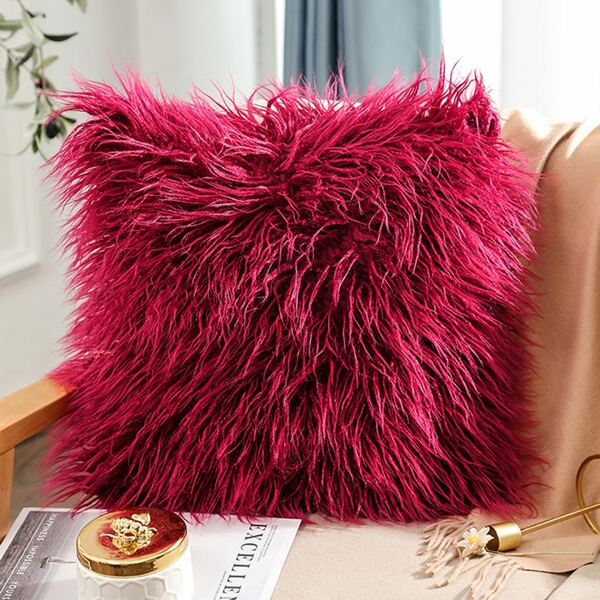 

Solid Color Faux Fur Cushion Cover Without Filler, Burgundy