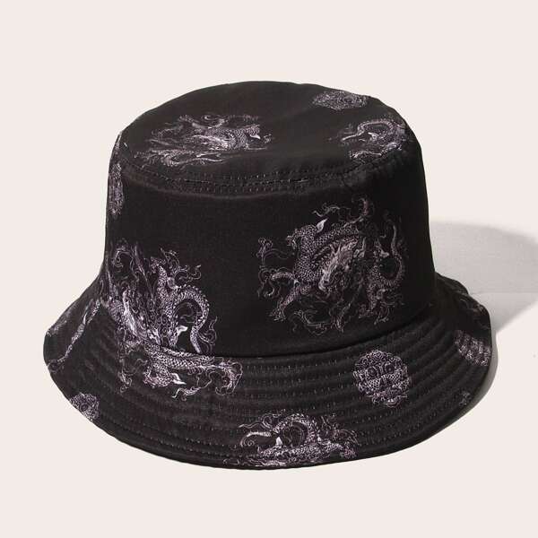 

Men Dragon Pattern Bucket Hat, Black
