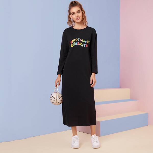 

Letter Print Tee Long Dress, Black