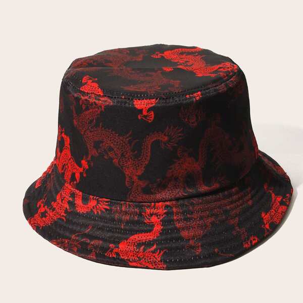 

Men Dragon Pattern Bucket Hat, Black