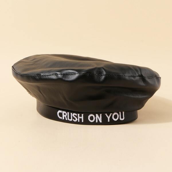 

Men Letter Embroidered PU Beret, Black