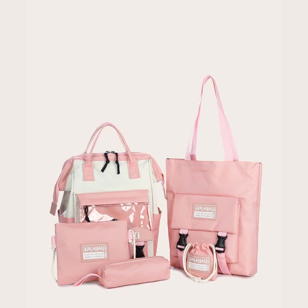 

5pcs Letter Graphic Colorblock Backpack Set, Pink