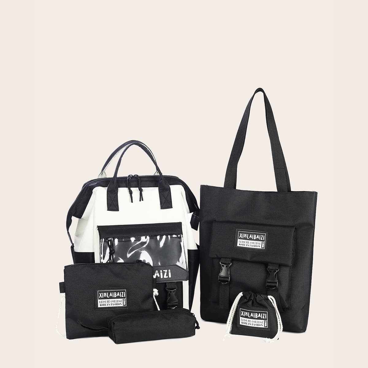 

5pcs Letter Graphic Colorblock Backpack Set, Black and white