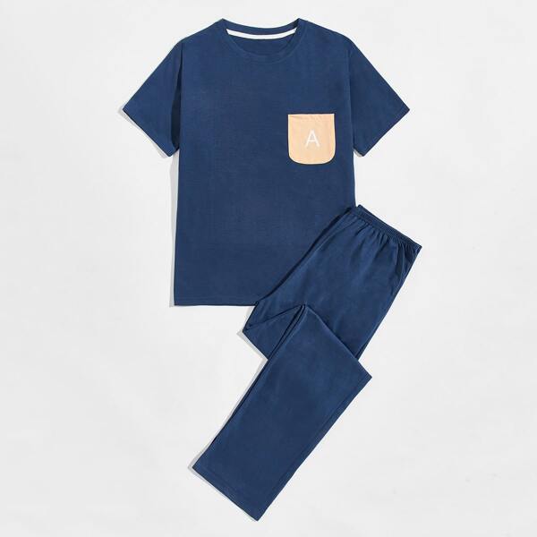 

Men Letter Print Pocket Patched Pajama Set, Navy blue