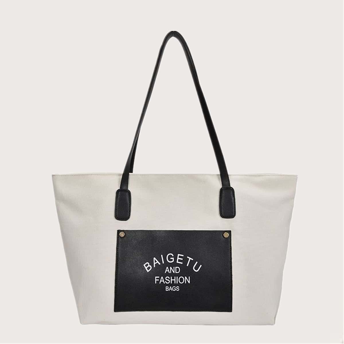 

Colorblock Letter Tote Bag, Black and white