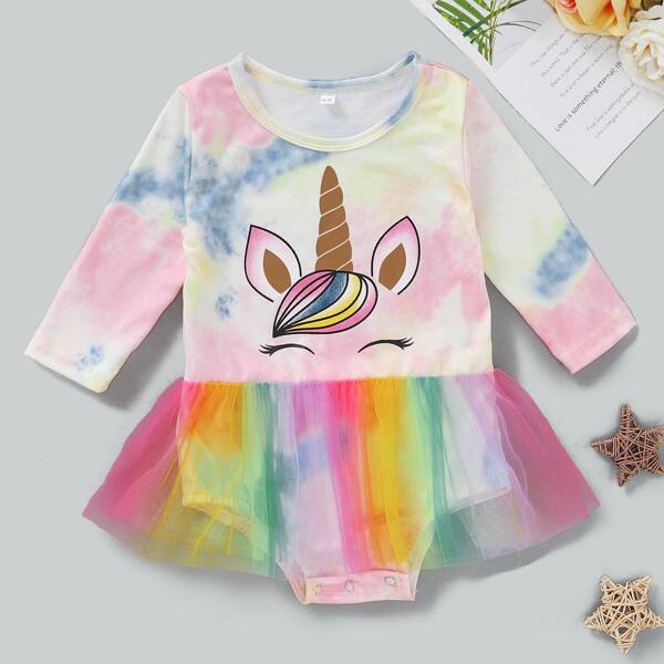 

Baby Girl Tie Dye Contrast Mesh Long Sleeve Bodysuit, Multicolor