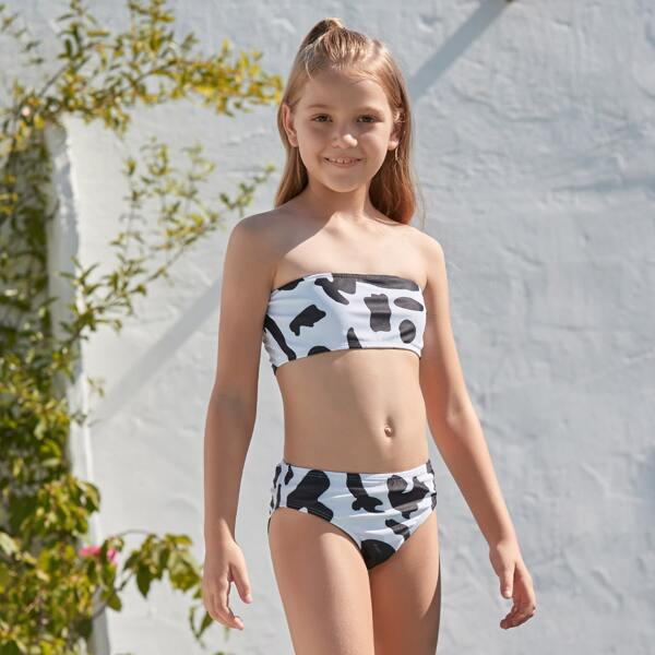 

Girls Cow Print Bandeau Bikini Swimsuit, Black and white
