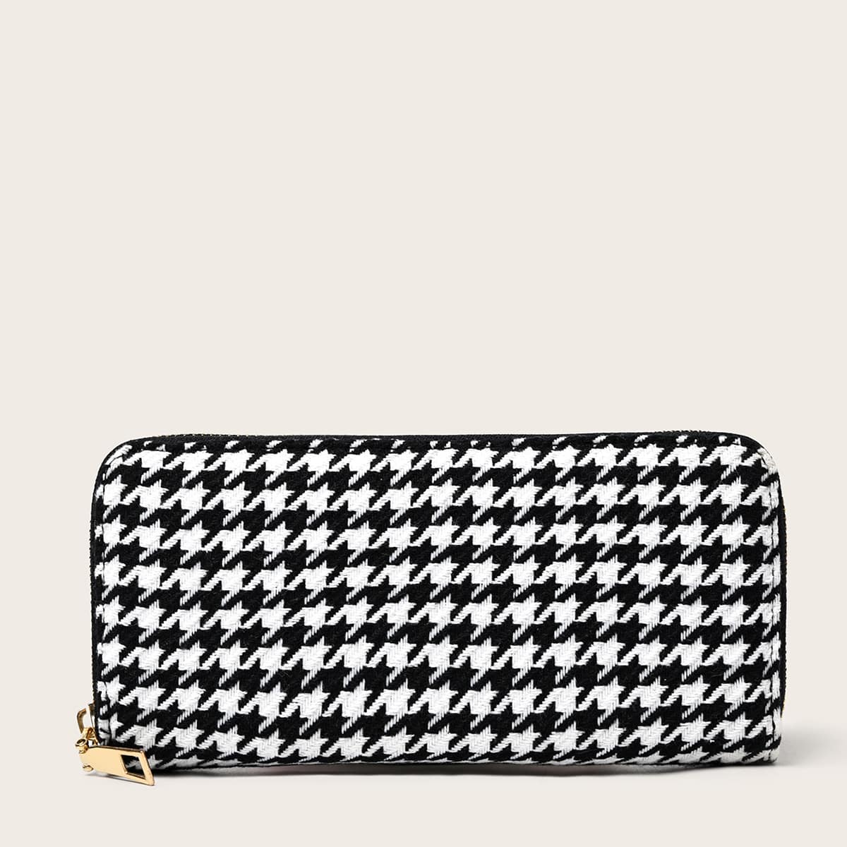 

Zip Around Houndstooth Tweed Purse, Black and white