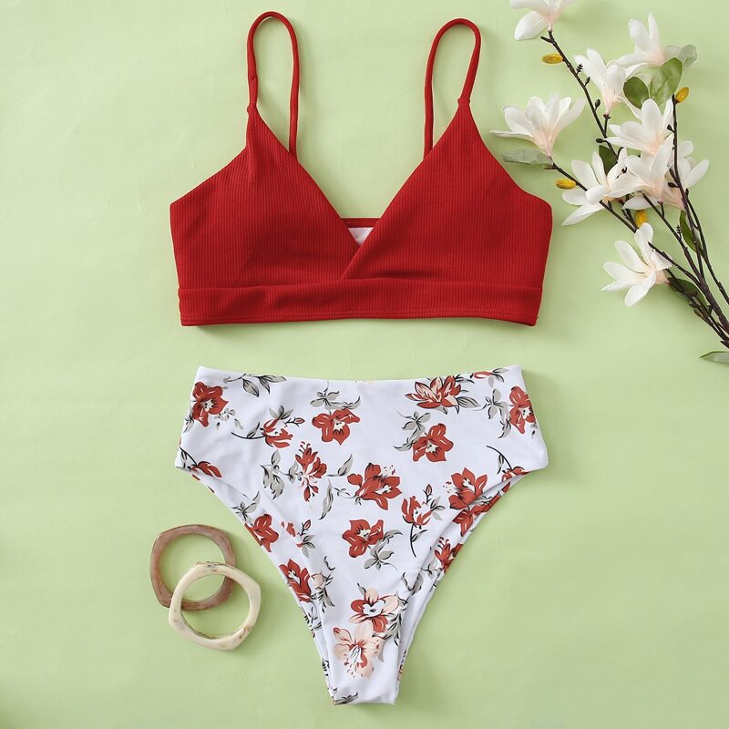 

Ribbed Floral High Waist Bikini Swimsuit, Red and white