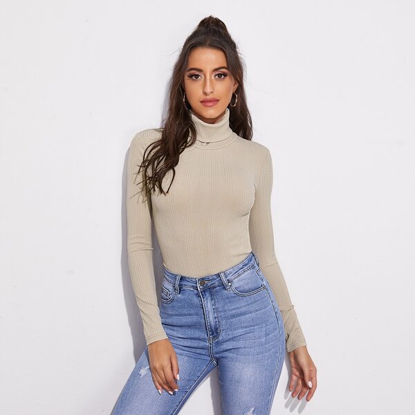 

Ribbed Turtleneck Form-Fitting Top, Beige