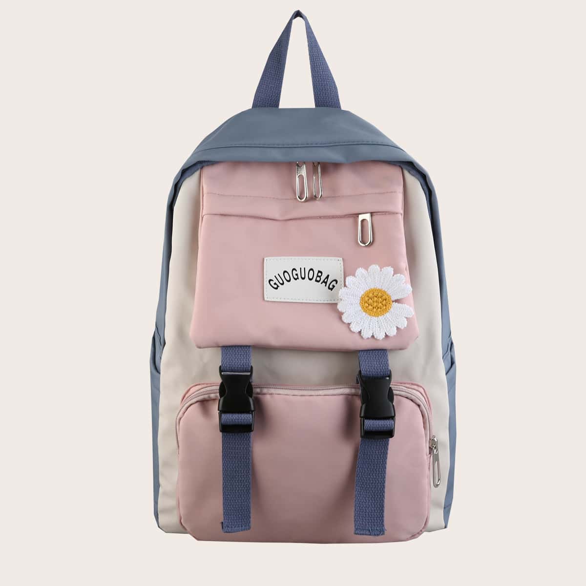 

Daisy Decor Buckle Front Color Block Backpack, Blue